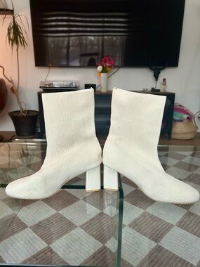 Cream Knit Ankle Sock Boots with Block Heel